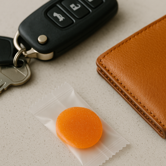 Orange round object on wax paper with a key fob and brown wallet in the background.